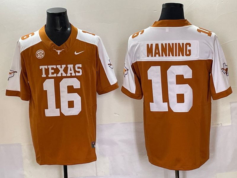Men 2025 Texas Longhorns #16 Manning Orange Nike NCAA Jersey style 03->ncaa teams->NCAA Jersey